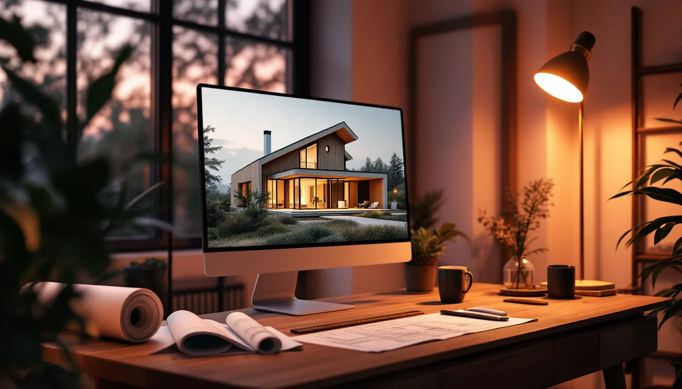 A walnut desk in the studio with a clay-white house model on screen, rolled plans and a warm lamp