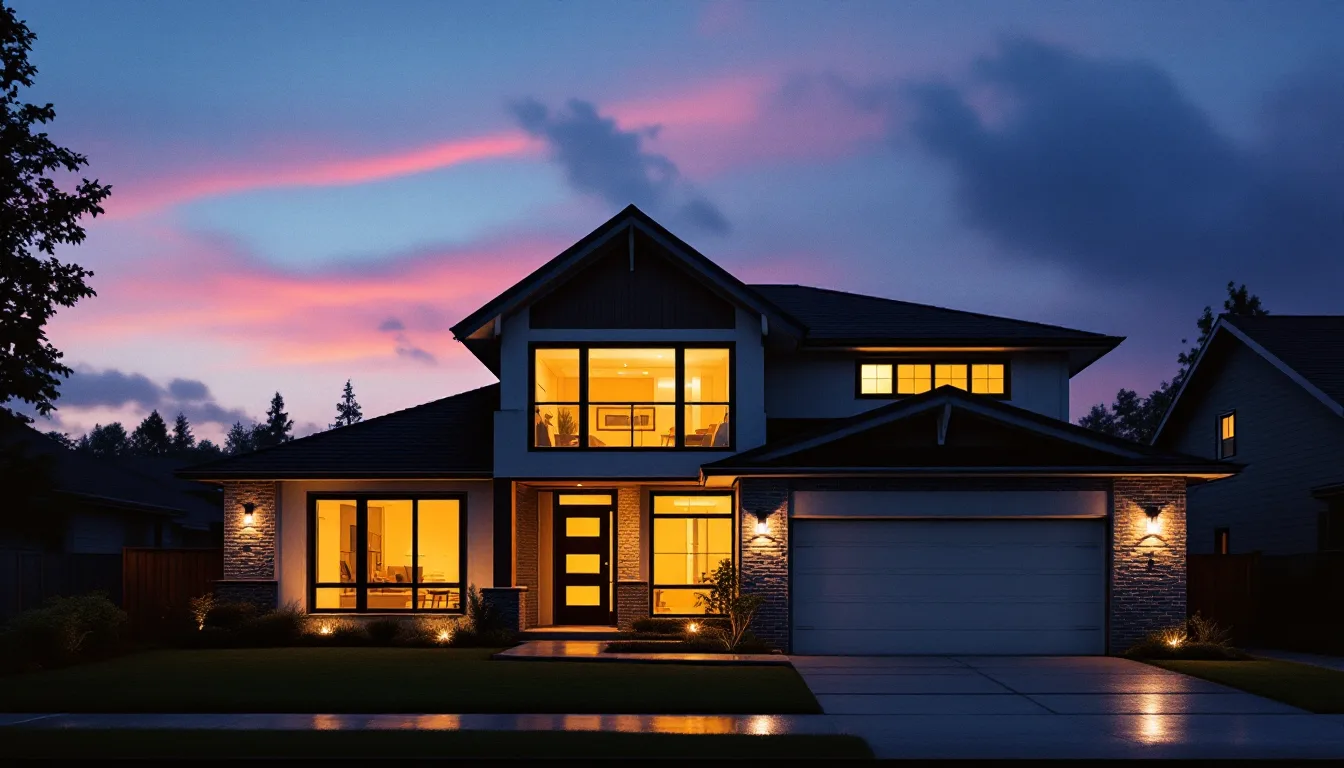 A modern timber and stone house at dusk with every window lit amber against a magenta-tinged sky