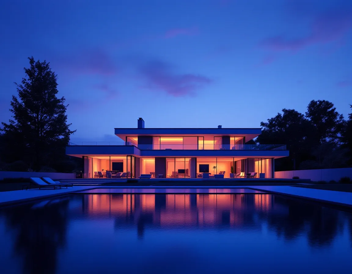 Blue-hour exterior rendering with every window lit amber